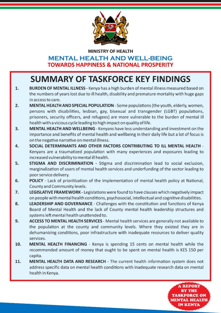 Mental Health and Wellbeing Towards Happiness & National Prosperity – A report by the Taskforce on Mental Health in Kenya